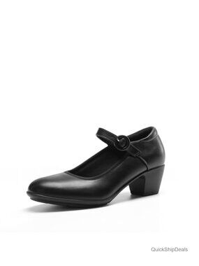 Mary Jane Low Chunky Dress Pumps Faux Leather Block Heel Work Shoes